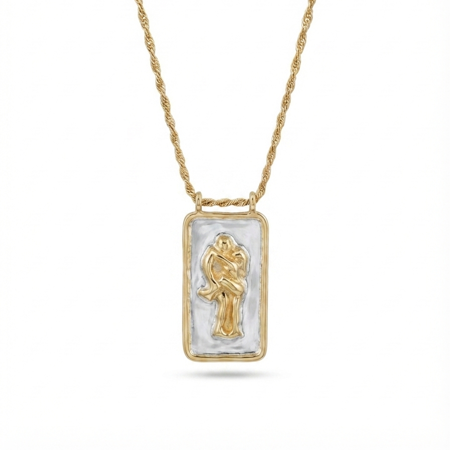 Collier long sculptural bicolore doré et argenté – Pendentif Kamasutra – Montesino Joaillerie