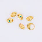 Collection de bagues sculptural dorées plaquées or 24 carats, pierres topaze et turquoise, bijou minimaliste luxe — Montesino Joaillerie